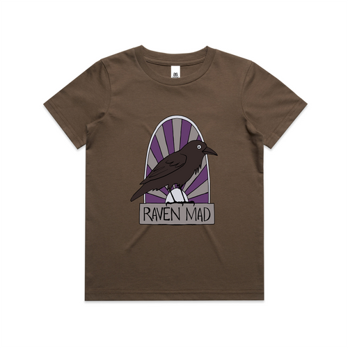 Raven Mad Kids Tee by Lonely Kids Club. All clothing from our T-shirts to our shorts and hoodies are ethically made, and printed packed and shipped from Sydney.