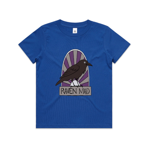 Raven Mad Kids Tee by Lonely Kids Club. All clothing from our T-shirts to our shorts and hoodies are ethically made, and printed packed and shipped from Sydney.