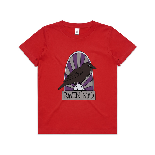 Raven Mad Kids Tee by Lonely Kids Club. All clothing from our T-shirts to our shorts and hoodies are ethically made, and printed packed and shipped from Sydney.