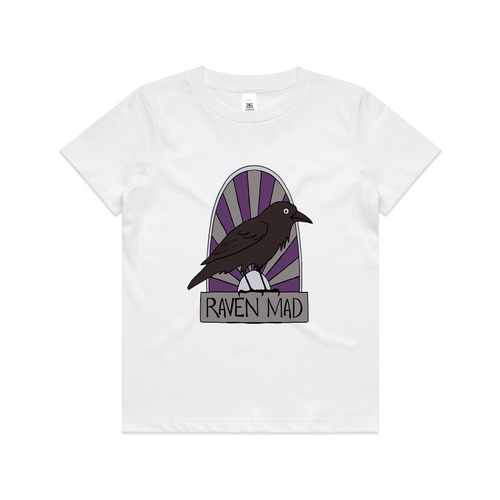 Raven Mad Kids Tee by Lonely Kids Club. All clothing from our T-shirts to our shorts and hoodies are ethically made, and printed packed and shipped from Sydney.