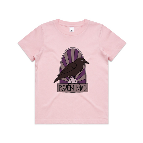 Raven Mad Kids Tee by Lonely Kids Club. All clothing from our T-shirts to our shorts and hoodies are ethically made, and printed packed and shipped from Sydney.