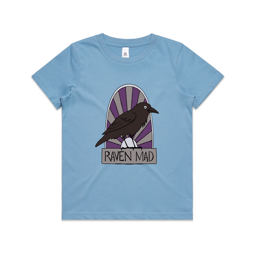 Raven Mad Kids Tee by Lonely Kids Club. All clothing from our T-shirts to our shorts and hoodies are ethically made, and printed packed and shipped from Sydney.