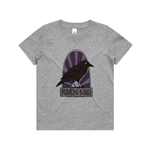 Raven Mad Kids Tee by Lonely Kids Club. All clothing from our T-shirts to our shorts and hoodies are ethically made, and printed packed and shipped from Sydney.