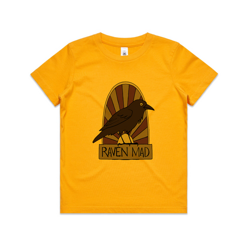 Raven Mad Kids Tee by Lonely Kids Club. All clothing from our T-shirts to our shorts and hoodies are ethically made, and printed packed and shipped from Sydney.