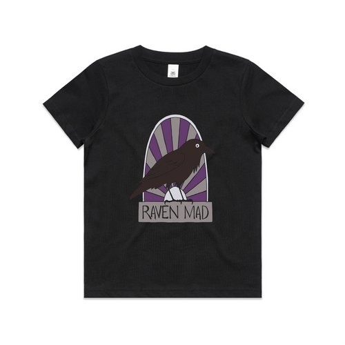 Raven Mad Kids Tee by Lonely Kids Club. All clothing from our T-shirts to our shorts and hoodies are ethically made, and printed packed and shipped from Sydney.
