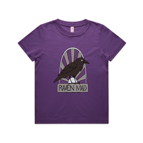 Raven Mad Kids Tee by Lonely Kids Club. All clothing from our T-shirts to our shorts and hoodies are ethically made, and printed packed and shipped from Sydney.