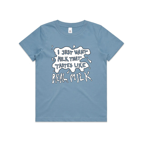 Real Milk Tee by Lonely Kids Club. All clothing from our T-shirts to our shorts and hoodies are ethically made, and printed packed and shipped from Sydney.