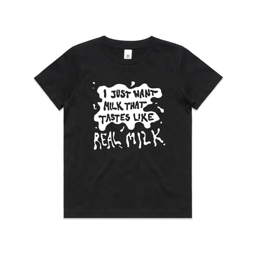 Real Milk Tee by Lonely Kids Club. All clothing from our T-shirts to our shorts and hoodies are ethically made, and printed packed and shipped from Sydney.