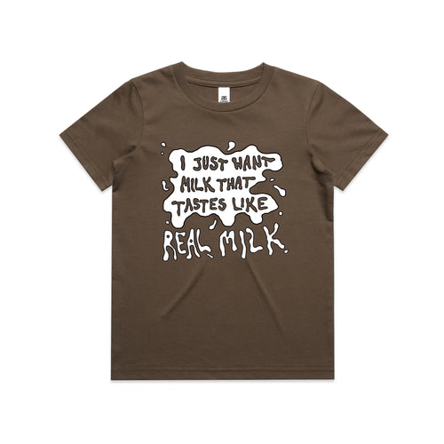 Real Milk Tee by Lonely Kids Club. All clothing from our T-shirts to our shorts and hoodies are ethically made, and printed packed and shipped from Sydney.