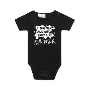 Real Milk Baby Onesie by Lonely Kids Club. All clothing from our T-shirts to our shorts and hoodies are ethically made, and printed packed and shipped from Sydney.