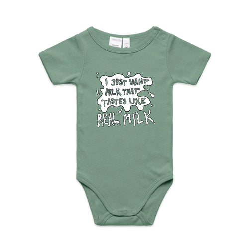 Real Milk Baby Onesie by Lonely Kids Club. All clothing from our T-shirts to our shorts and hoodies are ethically made, and printed packed and shipped from Sydney.