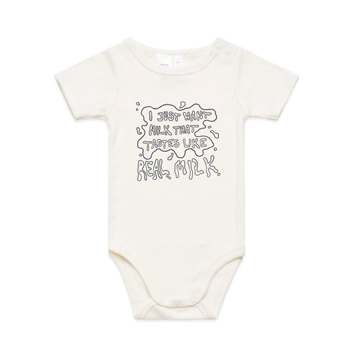 Real Milk Baby Onesie by Lonely Kids Club. All clothing from our T-shirts to our shorts and hoodies are ethically made, and printed packed and shipped from Sydney.