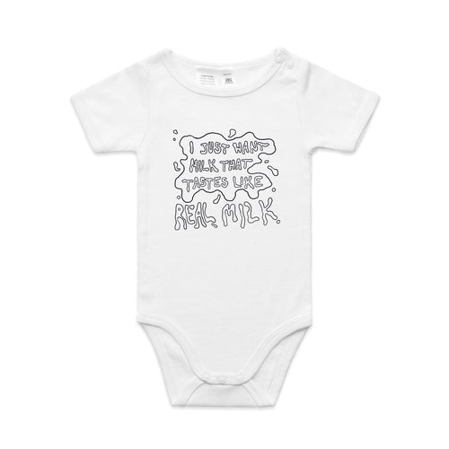 Real Milk Baby Onesie by Lonely Kids Club. All clothing from our T-shirts to our shorts and hoodies are ethically made, and printed packed and shipped from Sydney.