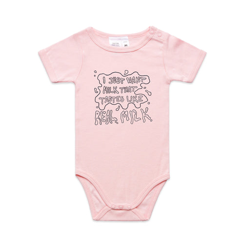 Real Milk Baby Onesie by Lonely Kids Club. All clothing from our T-shirts to our shorts and hoodies are ethically made, and printed packed and shipped from Sydney.