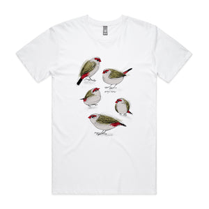 Red Browed Finches Tee by Lonely Kids Club. All clothing from our T-shirts to our shorts and hoodies are ethically made, and printed packed and shipped from Sydney.