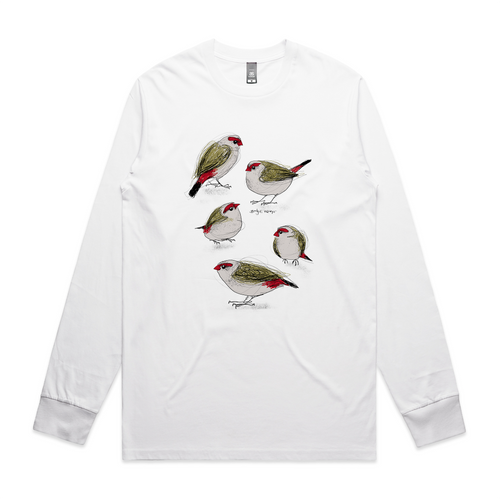 Red Browed Finches Tee by Lonely Kids Club. All clothing from our T-shirts to our shorts and hoodies are ethically made, and printed packed and shipped from Sydney.