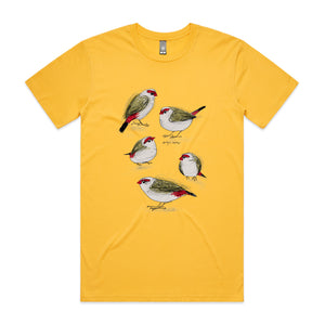 Red Browed Finches Tee by Lonely Kids Club. All clothing from our T-shirts to our shorts and hoodies are ethically made, and printed packed and shipped from Sydney.