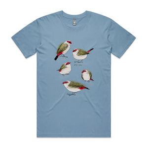 Red Browed Finches Tee by Lonely Kids Club. All clothing from our T-shirts to our shorts and hoodies are ethically made, and printed packed and shipped from Sydney.