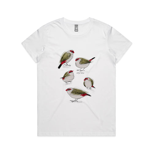 Red Browed Finches Tee by Lonely Kids Club. All clothing from our T-shirts to our shorts and hoodies are ethically made, and printed packed and shipped from Sydney.