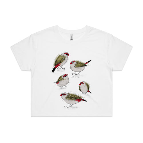 Red Browed Finches Tee by Lonely Kids Club. All clothing from our T-shirts to our shorts and hoodies are ethically made, and printed packed and shipped from Sydney.