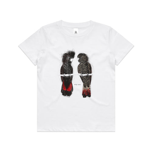 Red Tailed Black Cockatoos Kids Tee by Lonely Kids Club. All clothing from our T-shirts to our shorts and hoodies are ethically made, and printed packed and shipped from Sydney.
