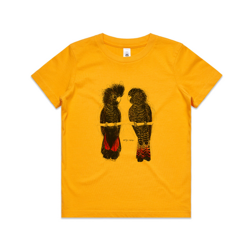 Red Tailed Black Cockatoos Kids Tee by Lonely Kids Club. All clothing from our T-shirts to our shorts and hoodies are ethically made, and printed packed and shipped from Sydney.