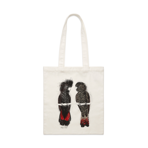 Red Tailed Black Cockatoos Tote by Lonely Kids Club. All clothing from our T-shirts to our shorts and hoodies are ethically made, and printed packed and shipped from Sydney.