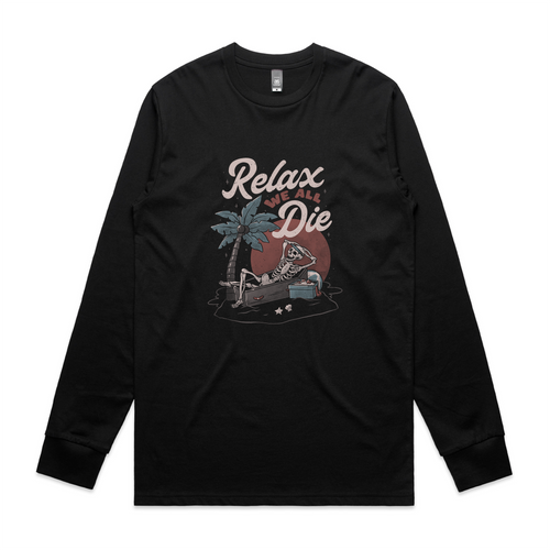 Relax, We All Die Tee by Lonely Kids Club. All clothing from our T-shirts to our shorts and hoodies are ethically made, and printed packed and shipped from Sydney.