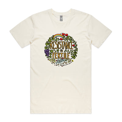 Resistance Is Fertile Tee by Lonely Kids Club. All clothing from our T-shirts to our shorts and hoodies are ethically made, and printed packed and shipped from Sydney.
