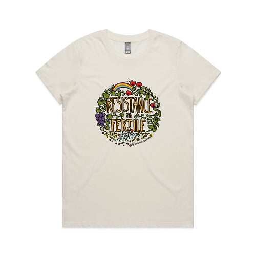 Resistance Is Fertile Tee by Lonely Kids Club. All clothing from our T-shirts to our shorts and hoodies are ethically made, and printed packed and shipped from Sydney.