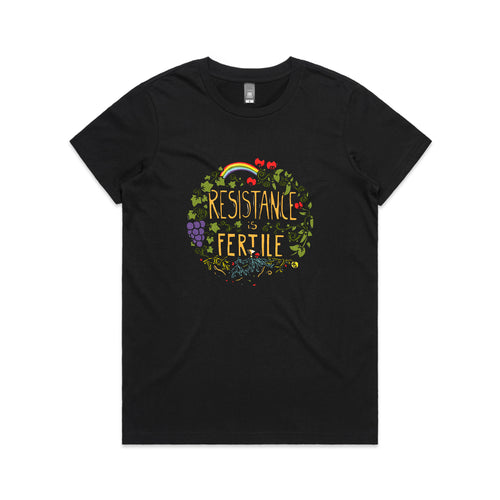 Resistance Is Fertile Tee by Lonely Kids Club. All clothing from our T-shirts to our shorts and hoodies are ethically made, and printed packed and shipped from Sydney.