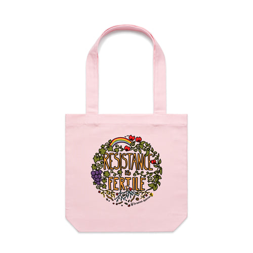 Resistance Is Fertile Tote by Lonely Kids Club. All clothing from our T-shirts to our shorts and hoodies are ethically made, and printed packed and shipped from Sydney.