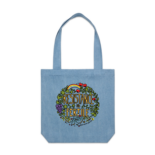 Resistance Is Fertile Tote by Lonely Kids Club. All clothing from our T-shirts to our shorts and hoodies are ethically made, and printed packed and shipped from Sydney.
