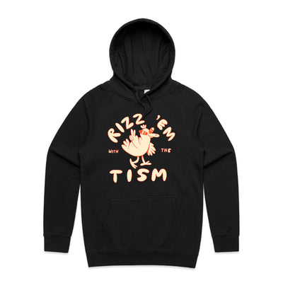 Rizz 'Em With The 'Tism Hoodie by Lonely Kids Club. All clothing from our T-shirts to our shorts and hoodies are ethically made, and printed packed and shipped from Sydney.