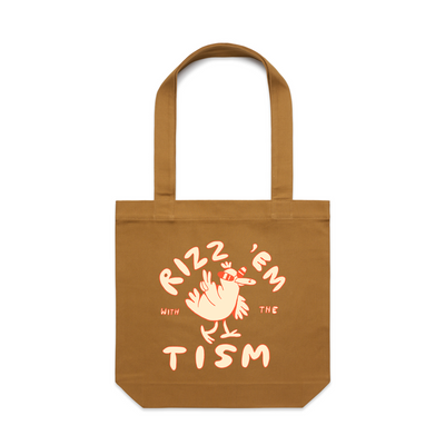 Rizz 'Em With The 'Tism Tote by Lonely Kids Club. All clothing from our T-shirts to our shorts and hoodies are ethically made, and printed packed and shipped from Sydney.