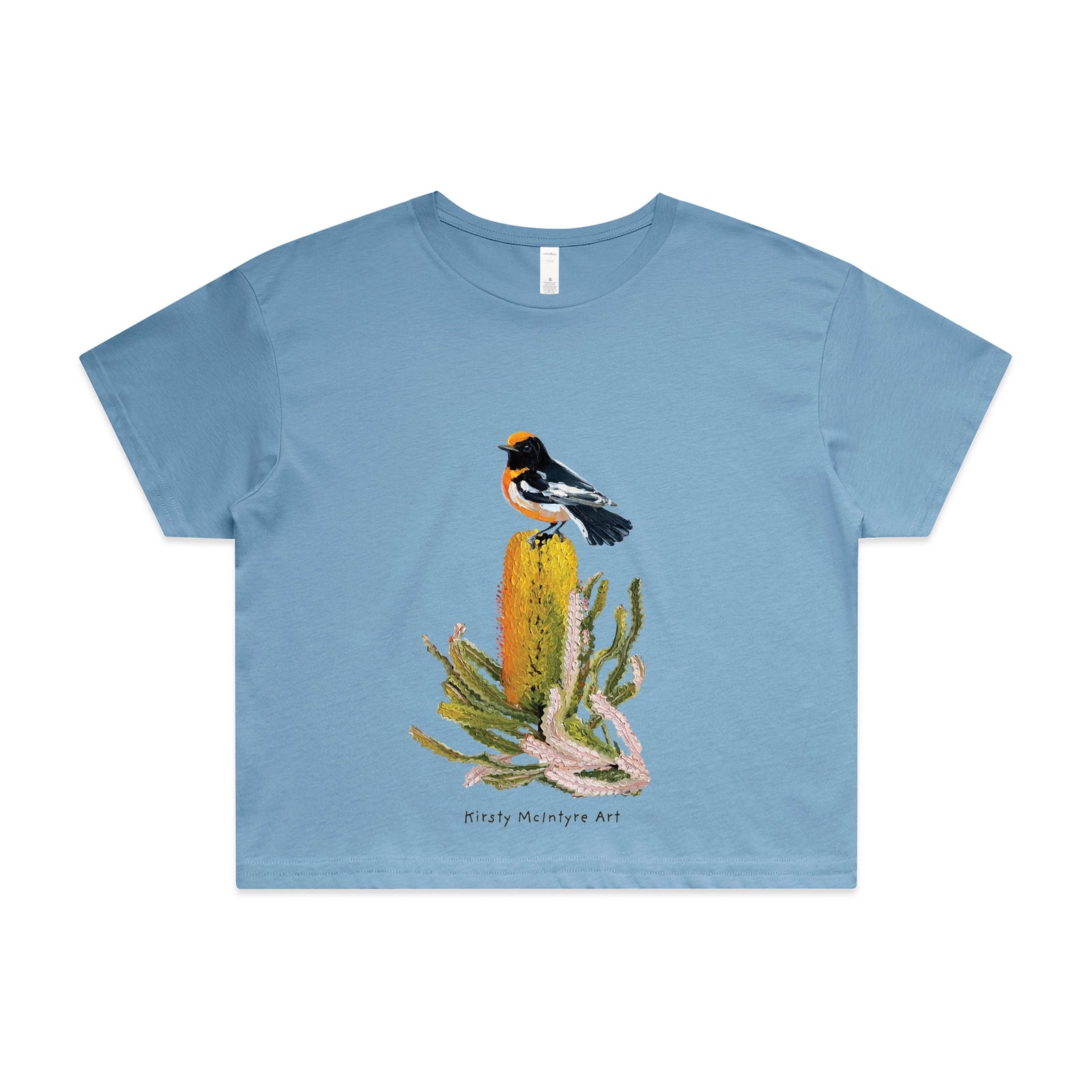 Carolina Blue crop top with Red Robin graphic by Lonely Kids Club