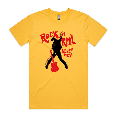 Rock 'n Roll Never Dies Tee by Lonely Kids Club. All clothing from our T-shirts to our shorts and hoodies are ethically made, and printed packed and shipped from Sydney.