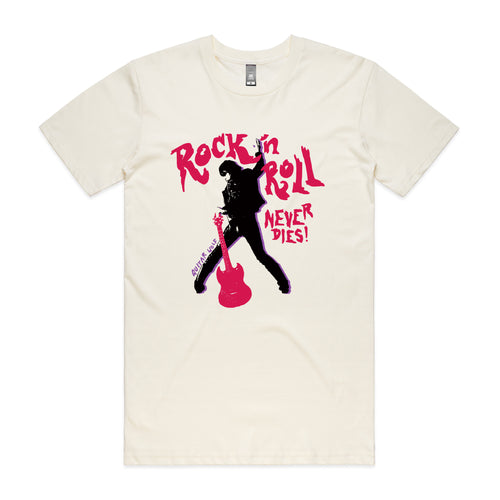 Rock 'n Roll Never Dies Tee by Lonely Kids Club. All clothing from our T-shirts to our shorts and hoodies are ethically made, and printed packed and shipped from Sydney.