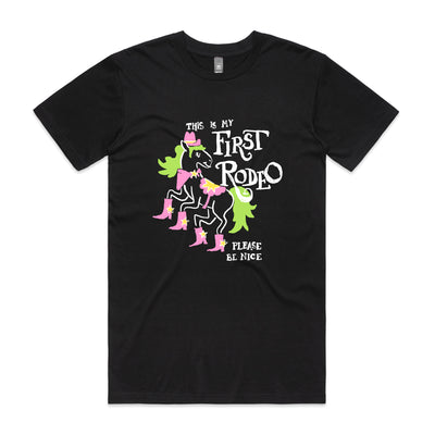 First Rodeo Tee by Lonely Kids Club. All clothing from our T-shirts to our shorts and hoodies are ethically made, and printed packed and shipped from Sydney.