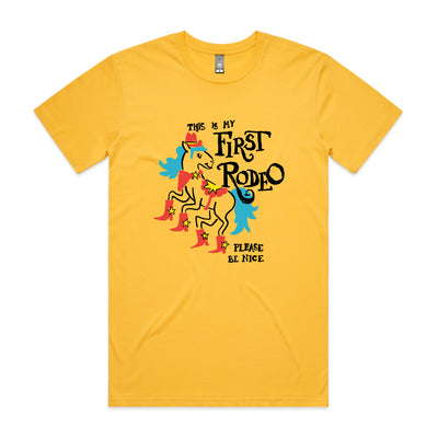 First Rodeo Tee by Lonely Kids Club. All clothing from our T-shirts to our shorts and hoodies are ethically made, and printed packed and shipped from Sydney.