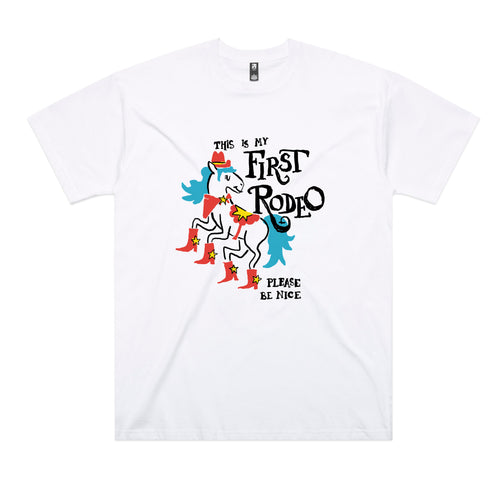 First Rodeo Tee by Lonely Kids Club. All clothing from our T-shirts to our shorts and hoodies are ethically made, and printed packed and shipped from Sydney.