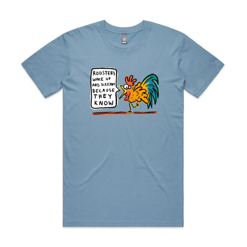 Roosters Scream Tee by Lonely Kids Club. All clothing from our T-shirts to our shorts and hoodies are ethically made, and printed packed and shipped from Sydney.