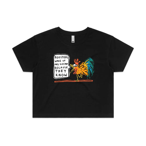 Roosters Scream Tee by Lonely Kids Club. All clothing from our T-shirts to our shorts and hoodies are ethically made, and printed packed and shipped from Sydney.