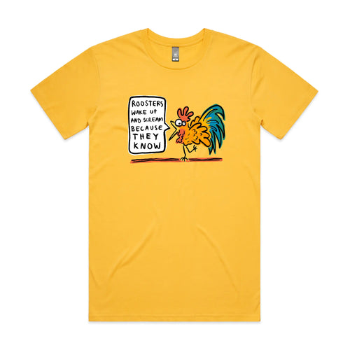 Roosters Scream Tee by Lonely Kids Club. All clothing from our T-shirts to our shorts and hoodies are ethically made, and printed packed and shipped from Sydney.