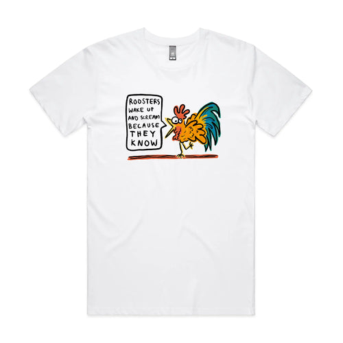 Roosters Scream Tee by Lonely Kids Club. All clothing from our T-shirts to our shorts and hoodies are ethically made, and printed packed and shipped from Sydney.