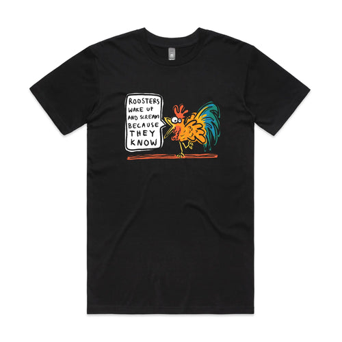 Roosters Scream Tee by Lonely Kids Club. All clothing from our T-shirts to our shorts and hoodies are ethically made, and printed packed and shipped from Sydney.