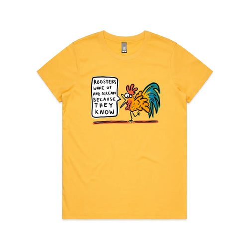 Roosters Scream Tee by Lonely Kids Club. All clothing from our T-shirts to our shorts and hoodies are ethically made, and printed packed and shipped from Sydney.
