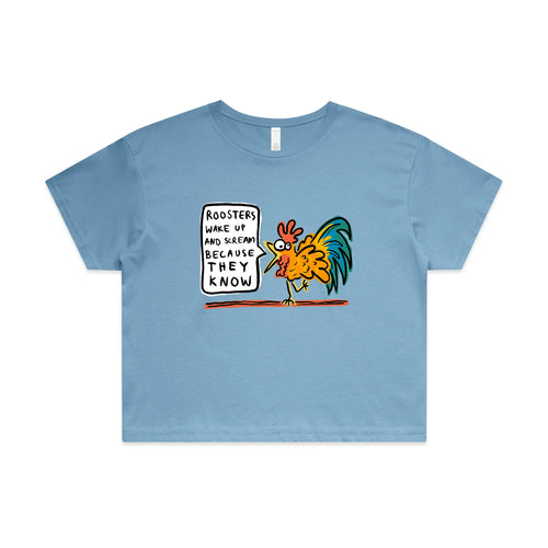 Roosters Scream Tee by Lonely Kids Club. All clothing from our T-shirts to our shorts and hoodies are ethically made, and printed packed and shipped from Sydney.