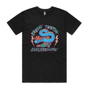 Rootin' Tootin' Electrocutin' Tee by Lonely Kids Club. All clothing from our T-shirts to our shorts and hoodies are ethically made, and printed packed and shipped from Sydney.