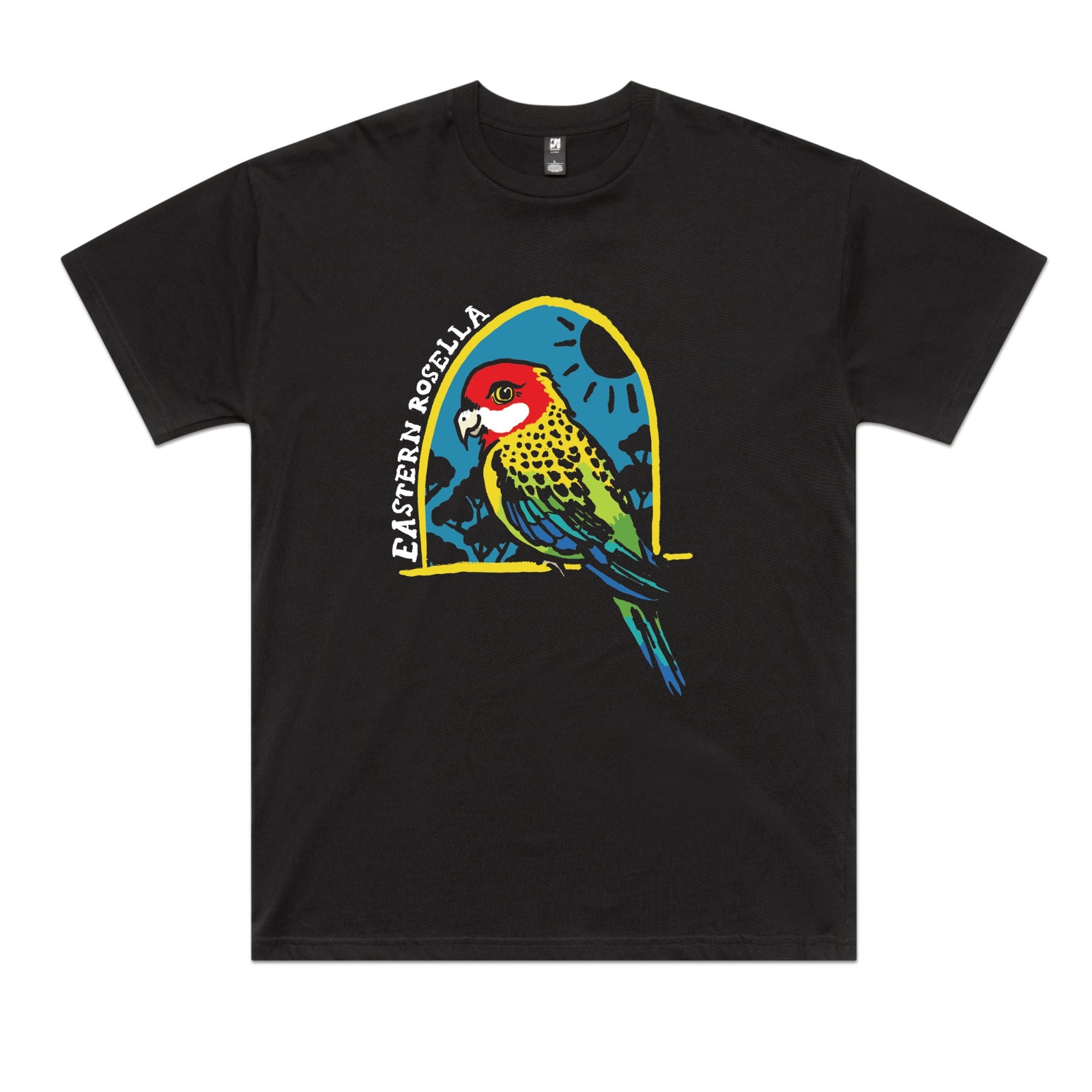 Black oversized t-shirt with Eastern Rosella graphic by Lonely Kids Club